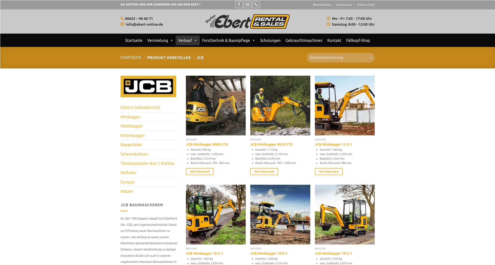 Convert GmbH CO KG - Projektstory Stefan Ebert Rental and Sales - Screenshot Shopseite für JCB Baumaschinen